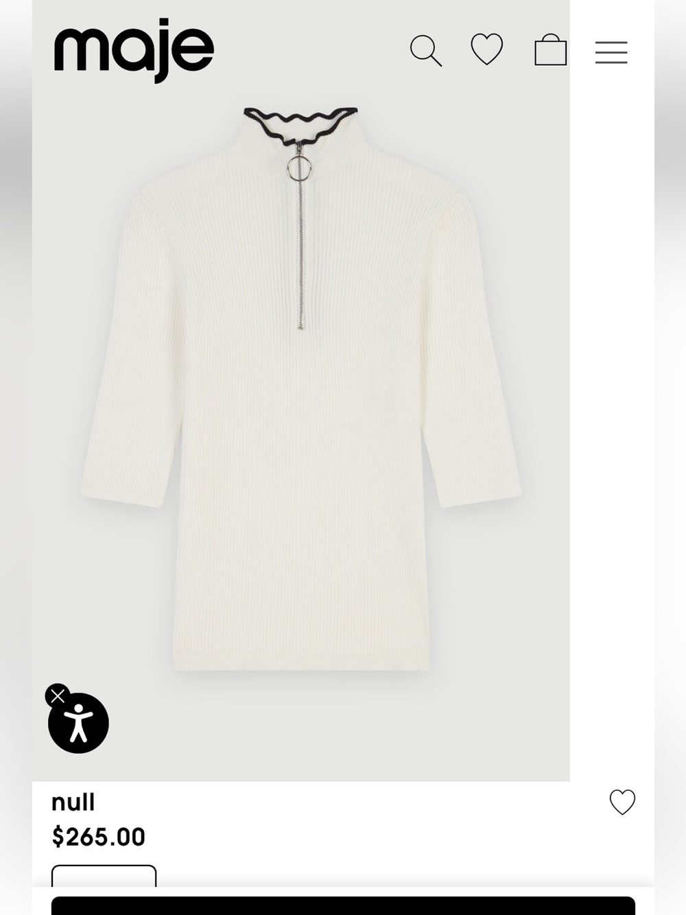 Maje White Ribbed Mock-Neck Zip Top with Black Scallop Trim (Size 1)